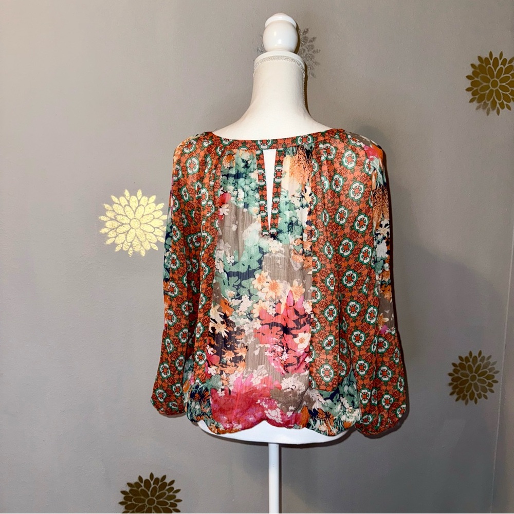Fig & Flower Women’s‎ Sheer Floral Orange Pink Green BOHO Chic Casual Blouse Top - Picture 2 of 13